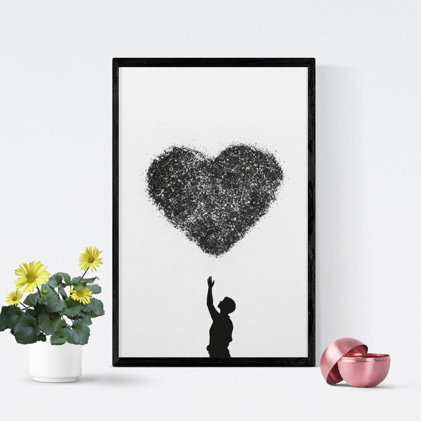Lawrence Williams Designs Heart Silhouette Poster - Romantic Wall Art - Figure Reaching Toward Abstract Particle Heart Design - Modern Love Decor for Bedroom, Living Room or Office - 8x10 Unframed Print