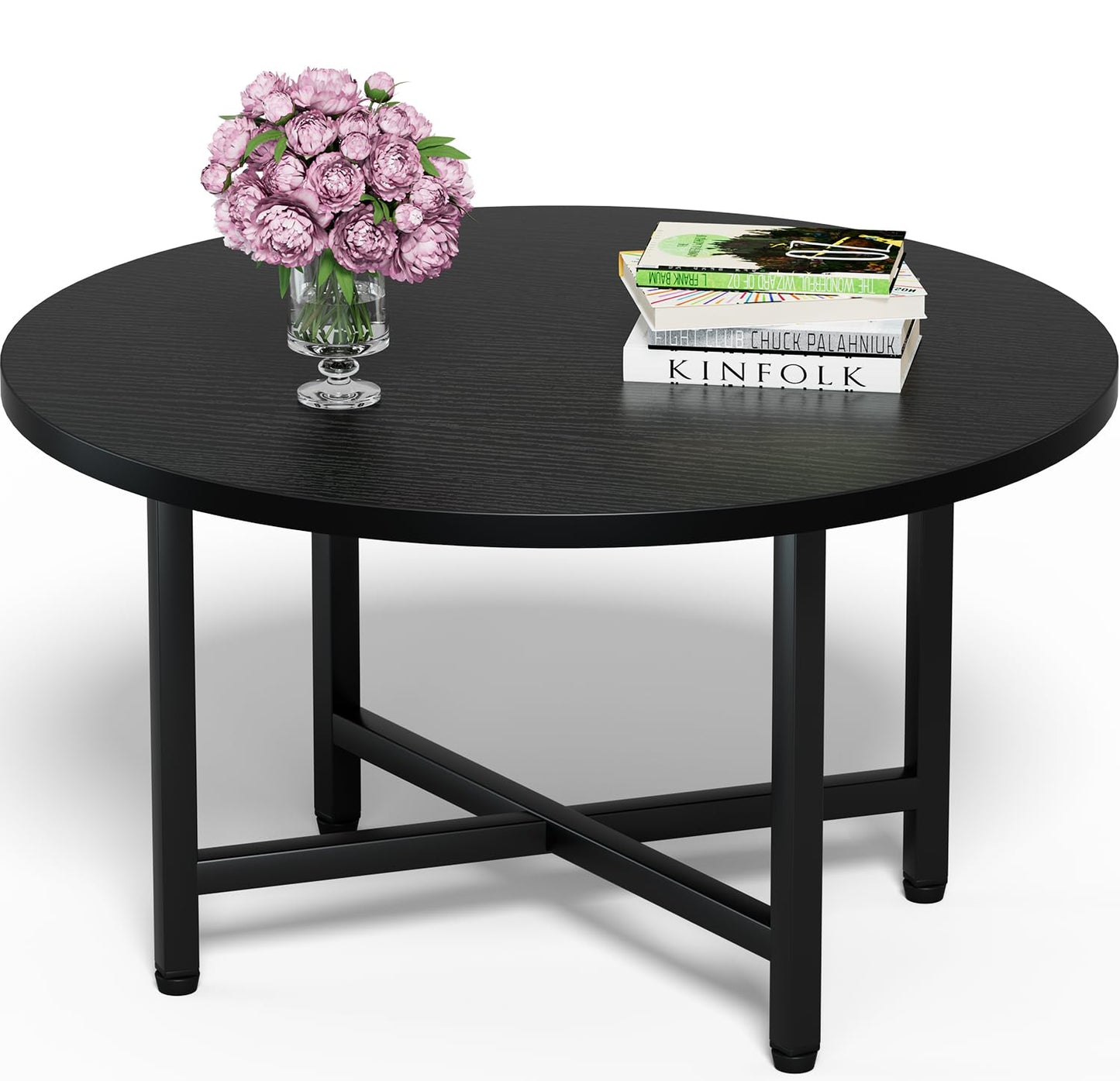 FAMIDGE Coffee Table, 23.6" Coffee Tables for Living Room, Round Coffee Table with Metal Frame, Floor Table for Sitting on The Floor, Home, Office, Black