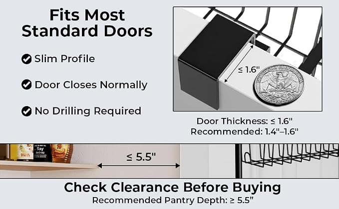 Over Door Organizer Storage - 6 Tier Black Metal Over the Door Pantry Organizer Heavy Duty Hanging Storage Rack, Behind Cabinet Shelves for Home, Kitchen, Bathroom, Closet, Pantry