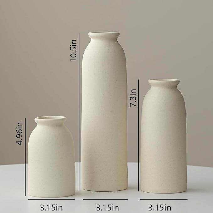 10.4 inches Tall Decorative Ceramic Vase Set, 3 Pieces, Nordic Modern Boho Style, White, for Home Decor (Beige)