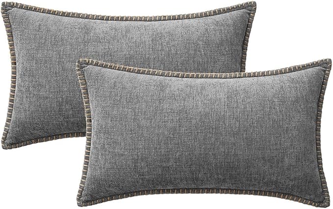 MIULEE Pack of 2 Lumbar Throw Pillow Covers 12x20 Inch Dark Gray Farmhouse Decorative Pillow Covers with Stitched Edge Soft Chenille Solid Dyed Pillow Covers for Couch Sofa Bed Living Room