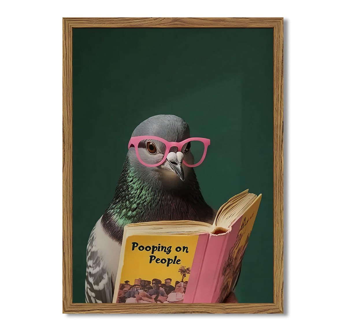Framed Funny Pigeon Wall Art, Humorous Bird Reading Wall Decor Paintings, Pooping on People Book Pictures Canvas Print Eclectic Home Decor for Bathroom Living Room Office Dorm 12x16 inch