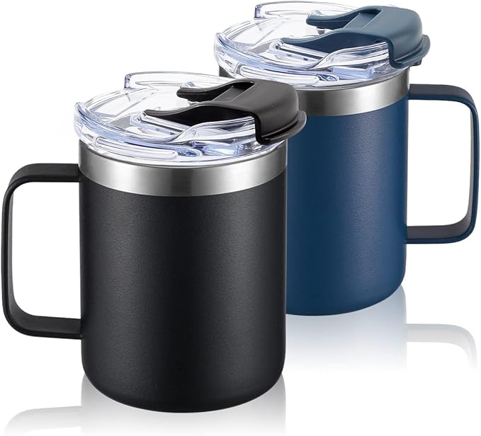 12oz Stainless Steel Insulated Coffee Mug with Handle, Double Wall Vacuum Travel Mug, Tumbler Cup with Fliping Lid, Black and Navy