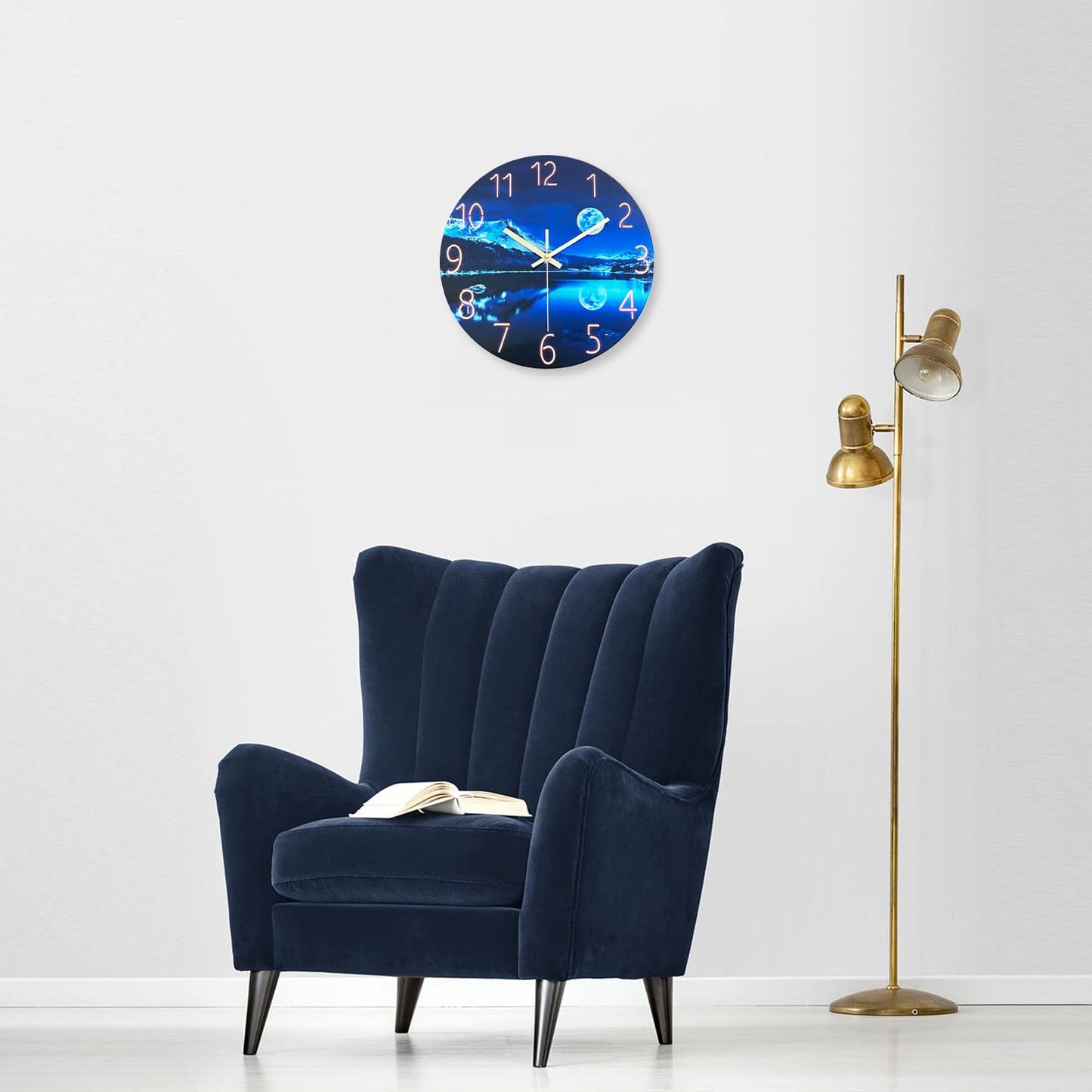 Constantplanet Blue Wall Clock for Bedroom 12 Inch Natural Landscape Round Analog Clock Battery Operated Moon Wall Clock Non Ticking