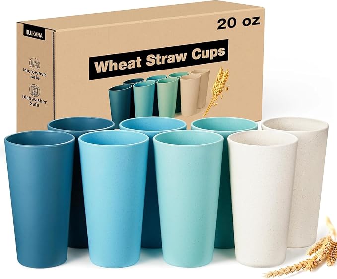 Hlukana Wheat Straw Cups Set of 8, 20 oz Unbreakable Drinking, Chip Resistant, Reusable Water Set, Large for Kitchen, Camping, BPA Free Cups, Dishwasher & Microwave Safe Tumbler
