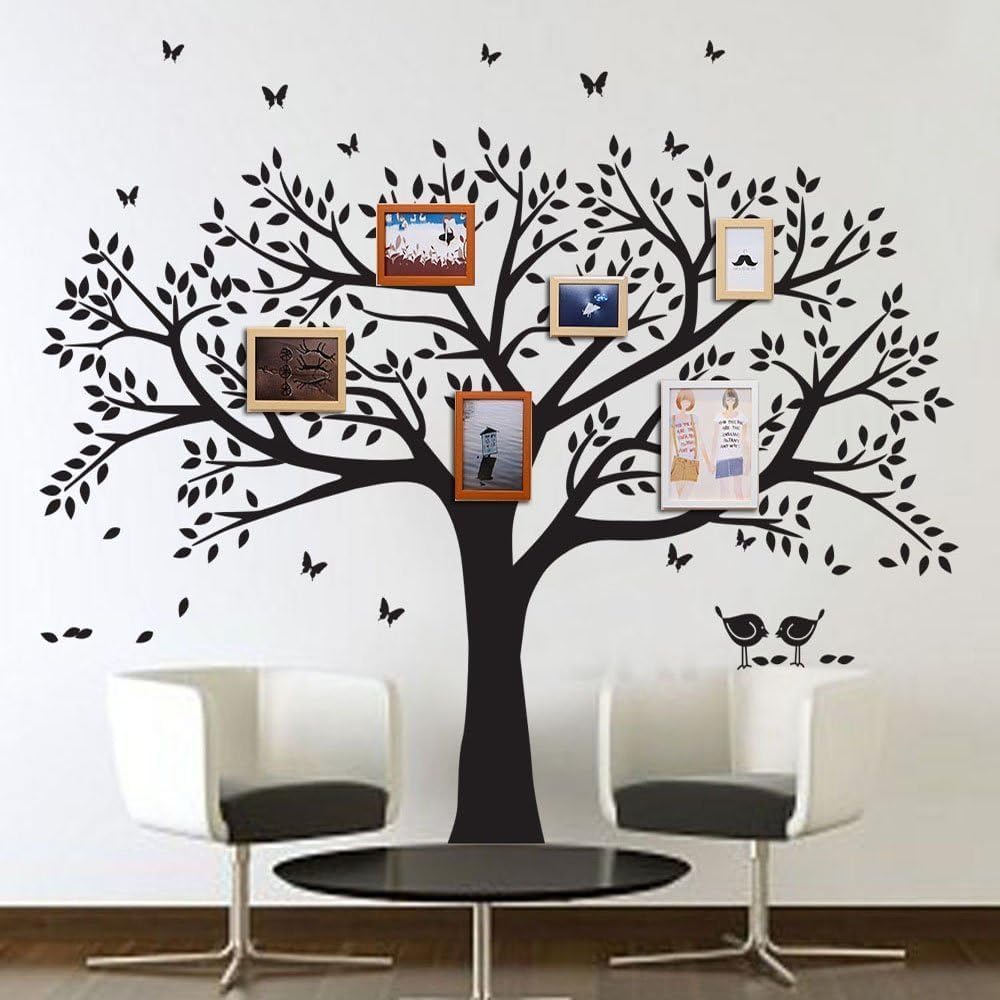 Grant Family Photo Frame Tree Wall Decals Family Tree Decal Living Room Home Decor (108" Wide x 84" Tall) (Black)