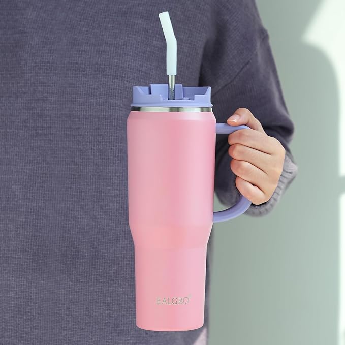 EALGRO 50 oz Tumbler with Handle, Insulated Tumblers with Lid and Straw, Large Metal Sports Water Bottle Jug, Thermal Stainless Steel Travel Coffee Mug Cup, Sage Green