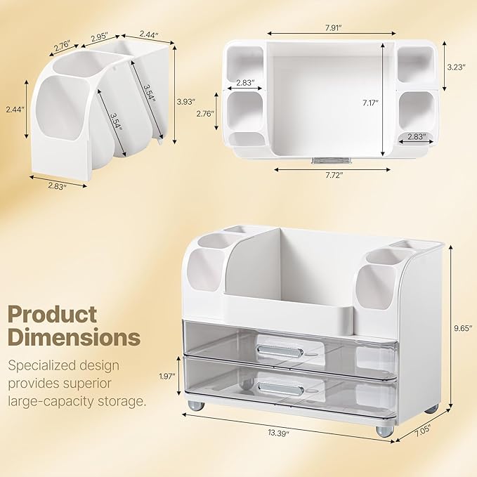 Makeup Organizer with Brush Holder, Makeup Organizer Countertop with 2 Drawers, Make up Organizers for Vanity, Vanity Organizer, Makeup Storage For Skin Cares,Makeup Brushes,Lipsticks,Perfumes(White)