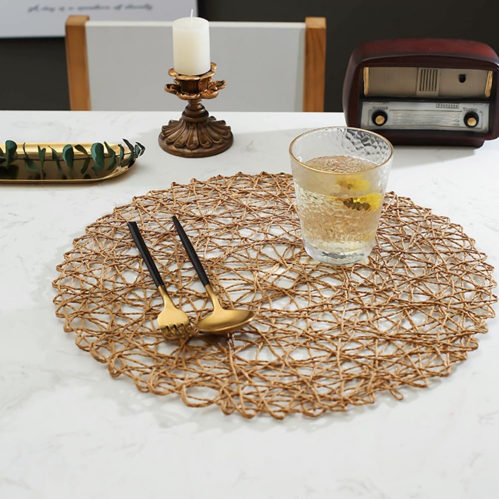 IcosaMro Brown Round Placemats Set of 12 for Dining Table, 13 Inches Paper Woven Boho Small Decorative Circle Place Mat for Wedding Christmas Thanksgiving Day Holiday Dinner, Light Coffee Brown