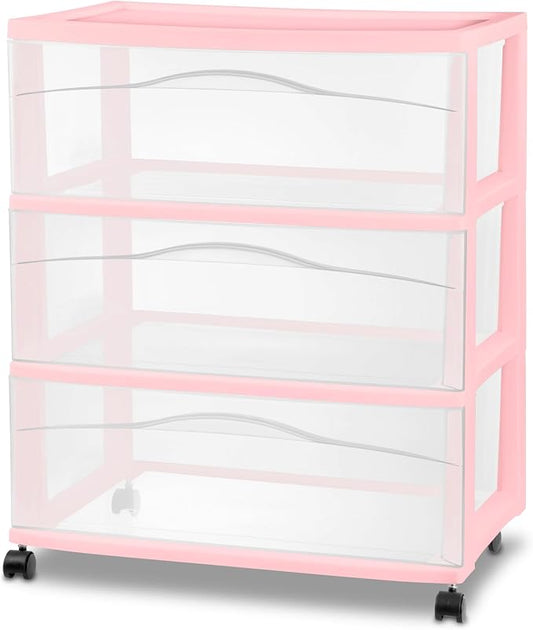 Sterilite Wide Storage Cart, 3 Clear Drawer Plastic Organizer with Wheels, Pink Frost Frame - Rolling Unit for Craft Supplies or Home Accessories