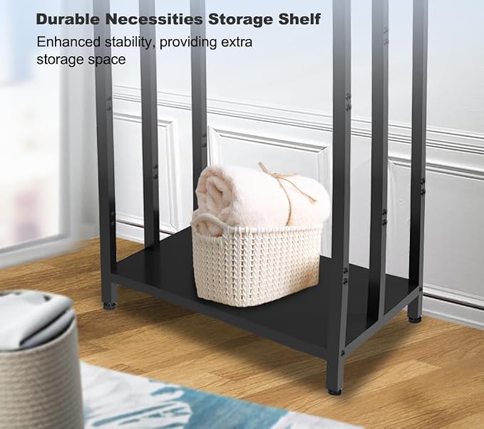 44 Inch Tall Free Standing Towel Rack with Metal Storage Shelf & 6 Hooks for Bathroom, 3 Tiers Heavy Duty Blanket Drying Stand Holder for Outdoor Pool, Bedroom, Living Room, Black