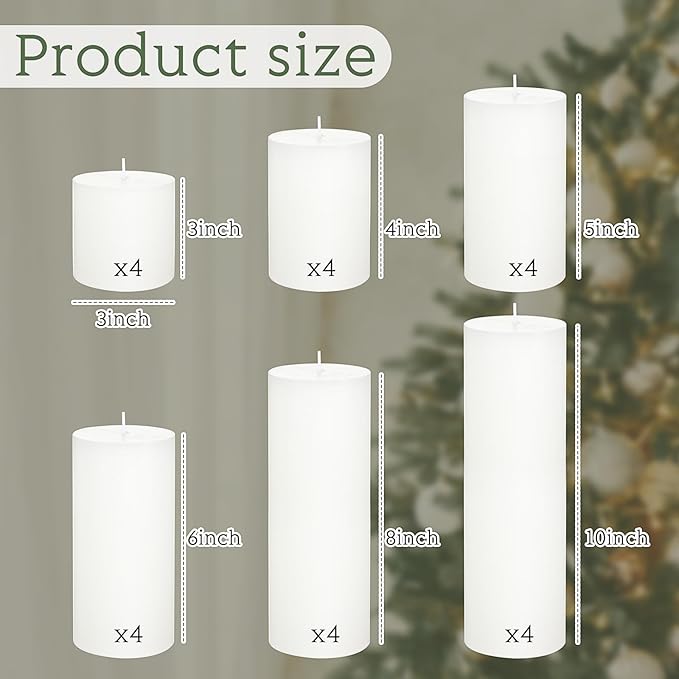 Shihanee 24 Pcs Pillar Candles 3 in x 3,4,5,6,8,10 Dripless Unscented Smokeless Candle Long Burning Decorative Rustic Candles with Cotton Wick for Wedding Home Fireplace (White)