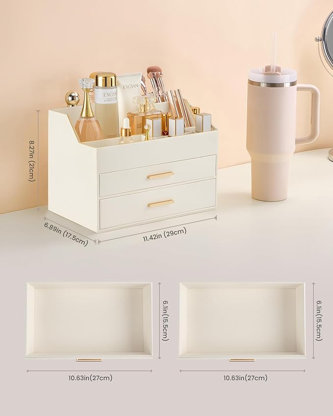 Lolalet Makeup Organizer for Vanity Desk, 3-Layer PU Leather Luxury Make Up Storage Cosmetics Holder Box with Drawers -Beige