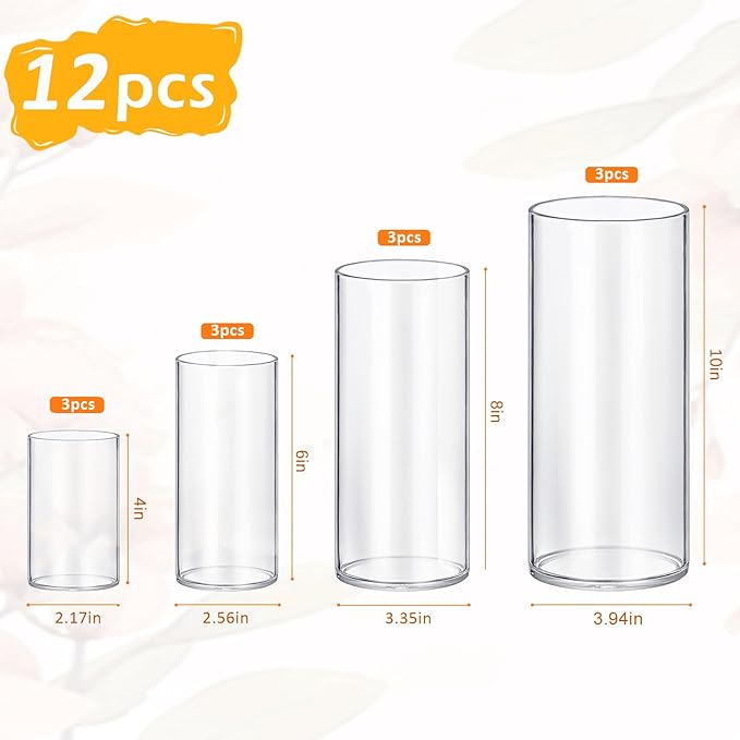 12 Pack Glass Cylinder Vases 4,6,8,10 Inch Tall Clear Flower Vase Hurricane Floating Candle Holder for Table Centerpiece Wedding Home Decor.