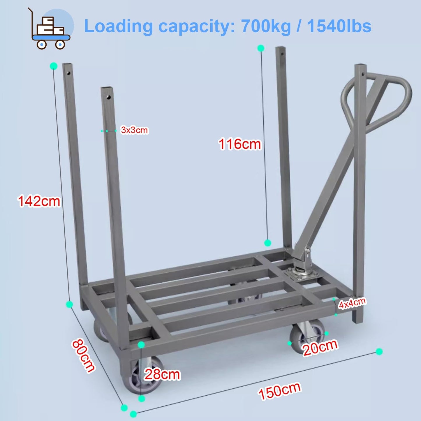 Folding Platform Trolley with Removable Armrest and Fence Pole, Heavy Duty Commercial Pulling Cart for Warehouse Factory Workshop, Easy Installation