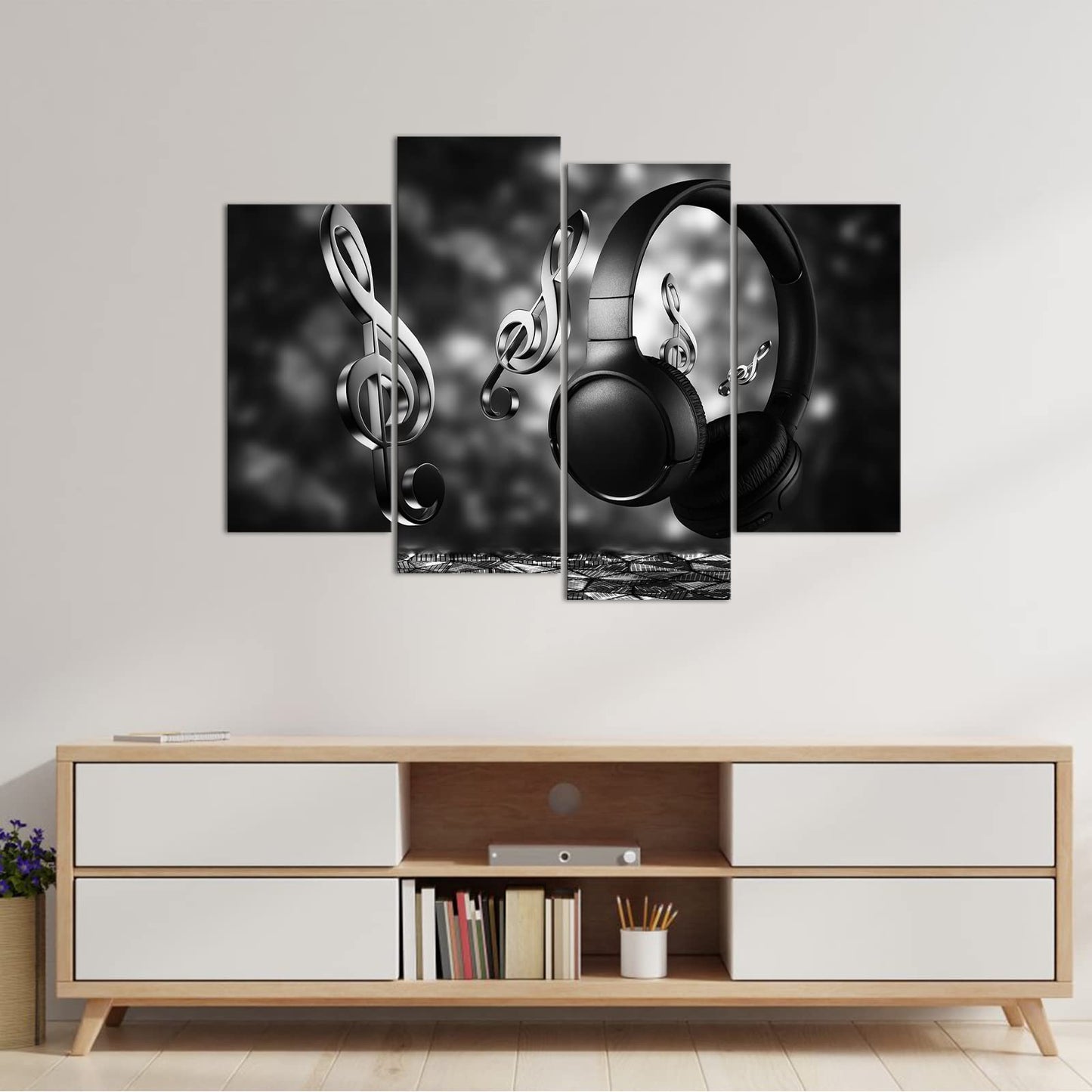 4 Panels Wireless Headphones Canvas Wall Art Black and White Notes Pictures Painting HD Earphones Photo Posters for Modern Music Room Studio Walls Decor Stretched and Framed Ready to Hang