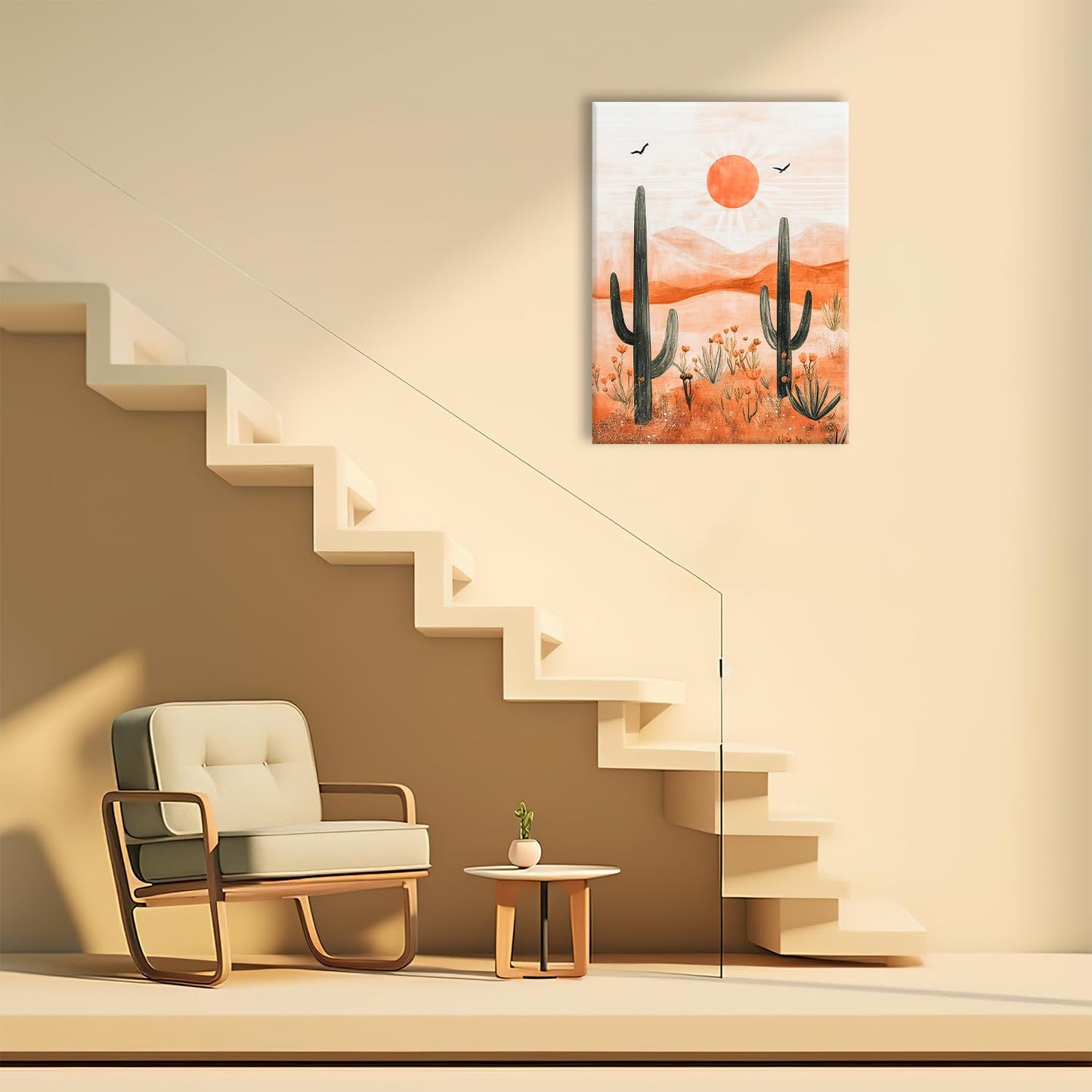 Cactus Desert Boho Canvas Wall Art for Bathroom Living Room Bedroom Office,Succulent Sunset Landscape Pictures Decor Painting Print Home Artwork Framed Decoration 12" x 16"