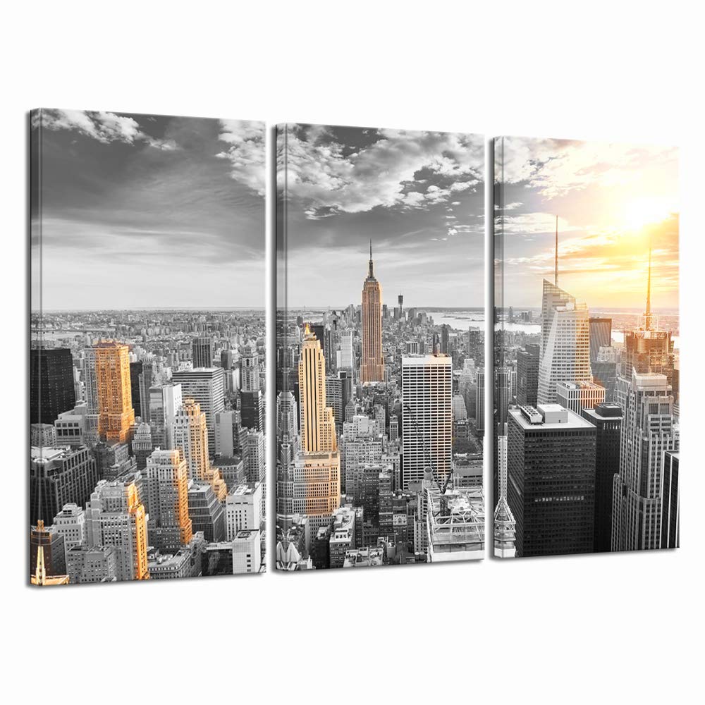 LevvArts Large 3 Piece New York City Canvas Wall Art Modern Black and White NYC at Gold Sunset Picture Prints Cityscape Skyline Poster Framed for Home Office Living Room Decor