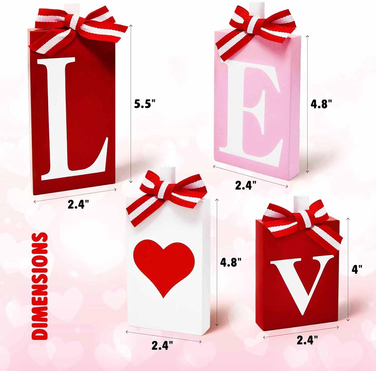 Gift Boutique Valentine's Day Love Heart Block Signs Set of 4 Red Pink White Rustic Wooden Table Tiered Tray Decor Home Wedding Party Decoration Gifts