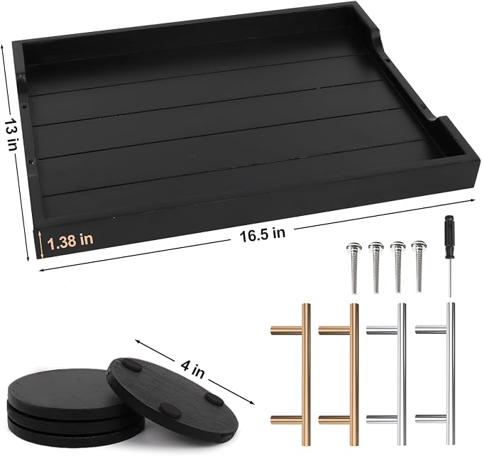 SXNOWS Coffee Table Trays - Large Ottoman Tray for Living Room -Wood Serving Tray with 2 Sets of Handles - Wooden Tray for Coffee Table, 4 Round Coasters Included, Black