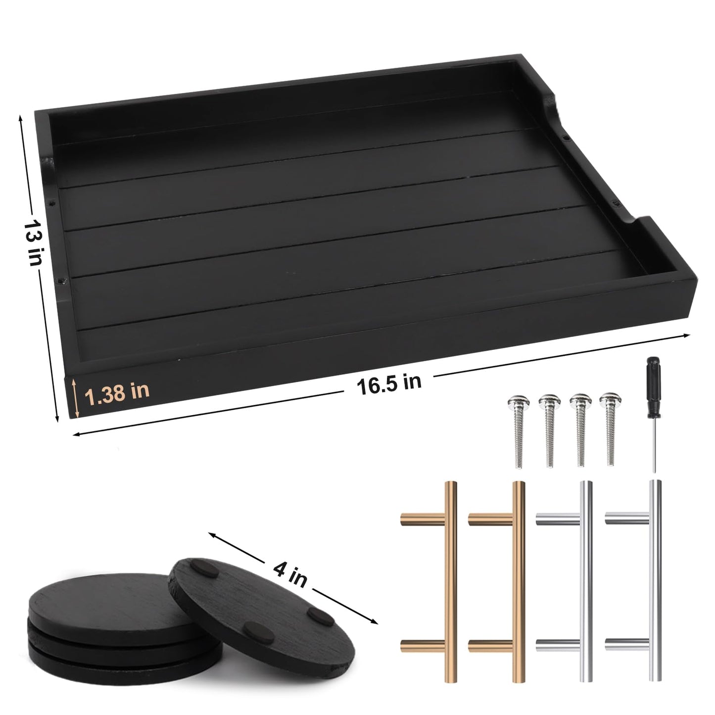 SXNOWS Coffee Table Trays - Large Ottoman Tray for Living Room -Wood Serving Tray with 2 Sets of Handles - Wooden Tray for Coffee Table, 4 Round Coasters Included, Black