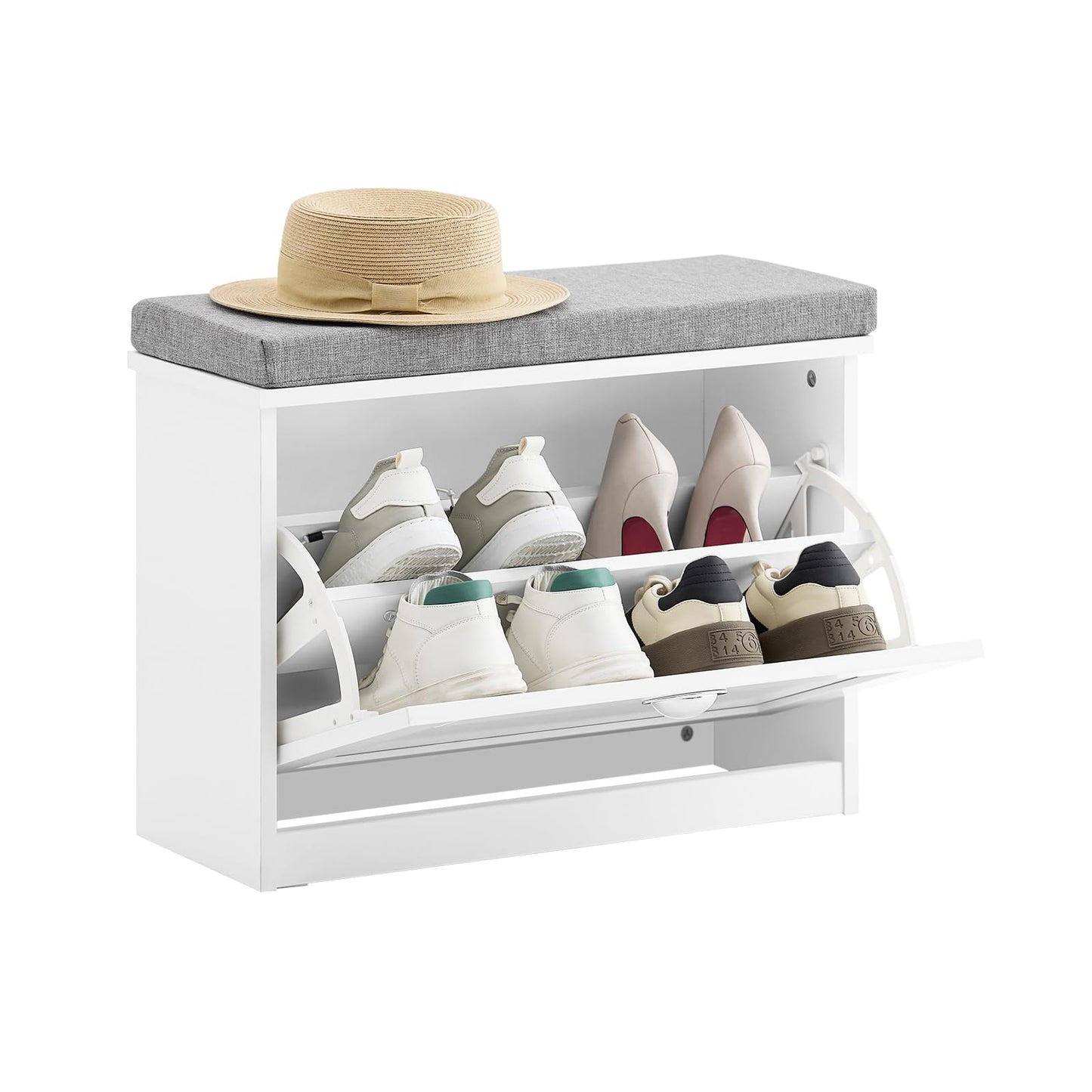 Haotian Small Shoe Storage Bench with Cushion, White Narrow Shoe Rack for Entryway, Small Shoe Cabinet with 2 Tiers Flip-Drawer, FSR195-K-W