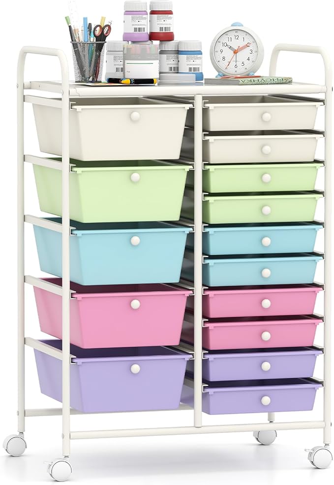 Giantex 15 Drawer Rolling Cart with Drawers, Storage Organizer Cart for Classroom Office School Teacher, Mobile Drawer Cart for Tools, Crafts, Small Printer, Paper, Pastel Ice Cream