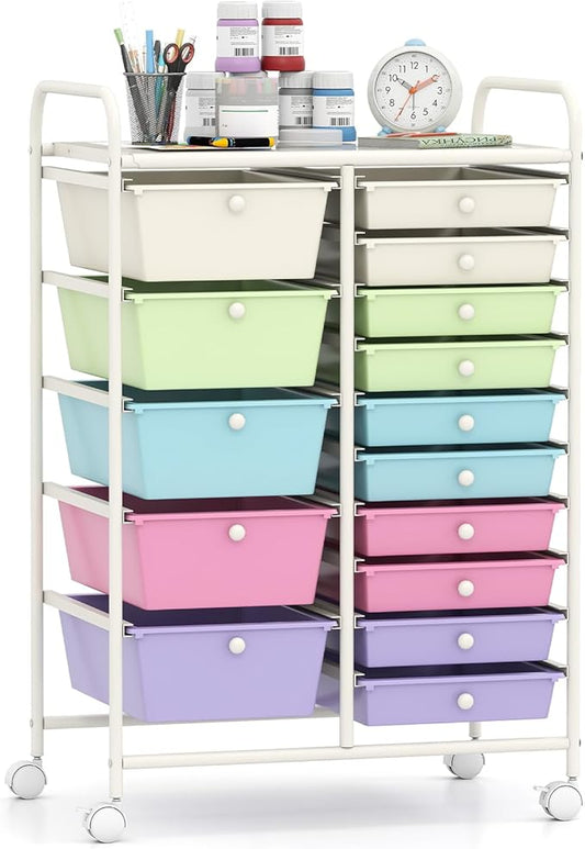 Giantex 15 Drawer Rolling Cart with Drawers, Storage Organizer Cart for Classroom Office School Teacher, Mobile Drawer Cart for Tools, Crafts, Small Printer, Paper, Pastel Ice Cream