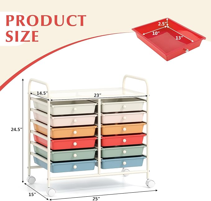 COSTWAY 12-Drawer Rolling Storage Cart, Utility Storage Organizer Cart for Tools, Scrapbook, Paper, Craft, Multipurpose Art Supply Organizer on Wheels for Home Office School, Teacher, Macaron