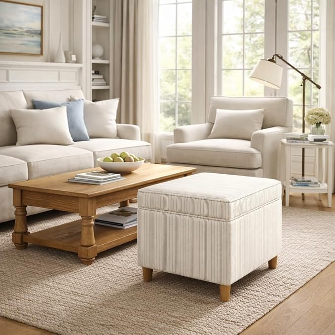 Spatial Order Home Decor | Dinah Collection Modern Storage Ottoman | Ottoman with Storage for Living Room & Bedroom(Cream Marigold Pinstripe Fabric)
