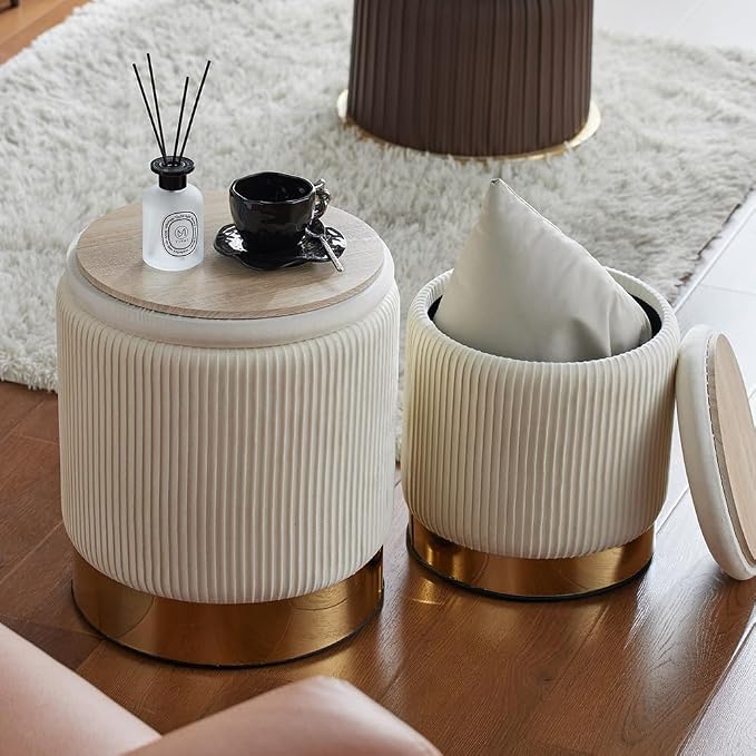 Velvet Round Ottoman Set of 2 with Storage 12 Gallon Capacity - Multi-Functional Stool for Living Room, Footrest, Vanity Seat, Coffee Table, Sturdy 300lb Capacity（Cream White）