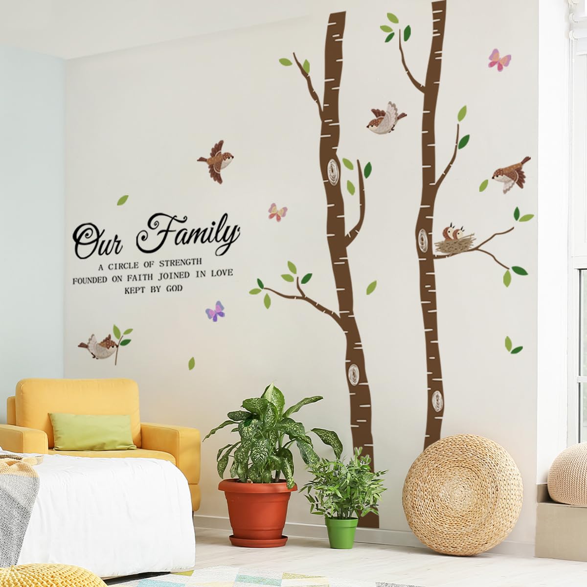 iMagitek Large Birch Tree Birds Wall Decals, Religious Family Quotes Wall Stickers for Living Room Home Decor, 109x94 Inches