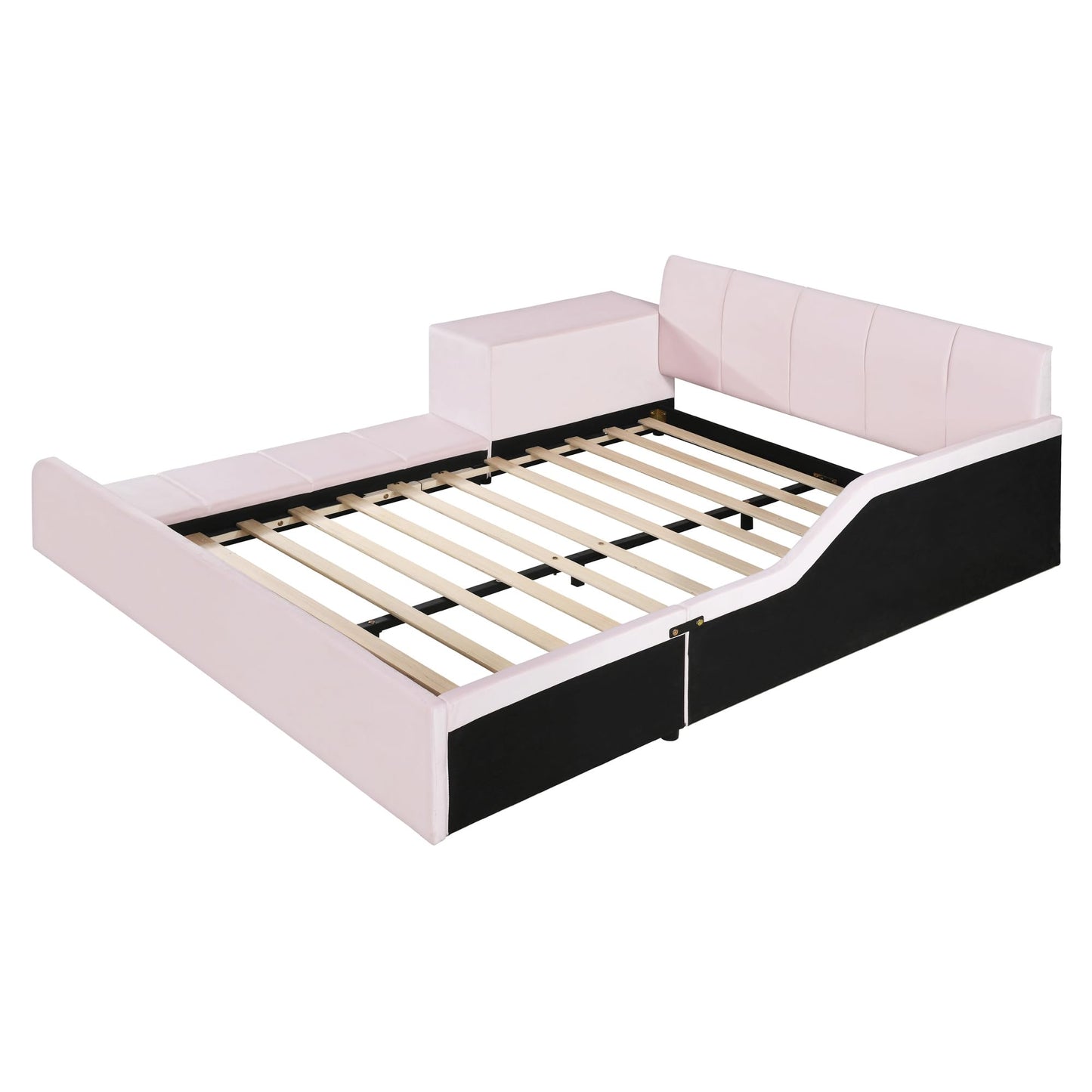 Merax Full Size Velvet Bed Frames Upholstered Grounded Bed, Wooden Mother & Child Bed with Bedside Desk and Little Round Stool,Kids Adults Bedroom Floor Platform Bed,Pink