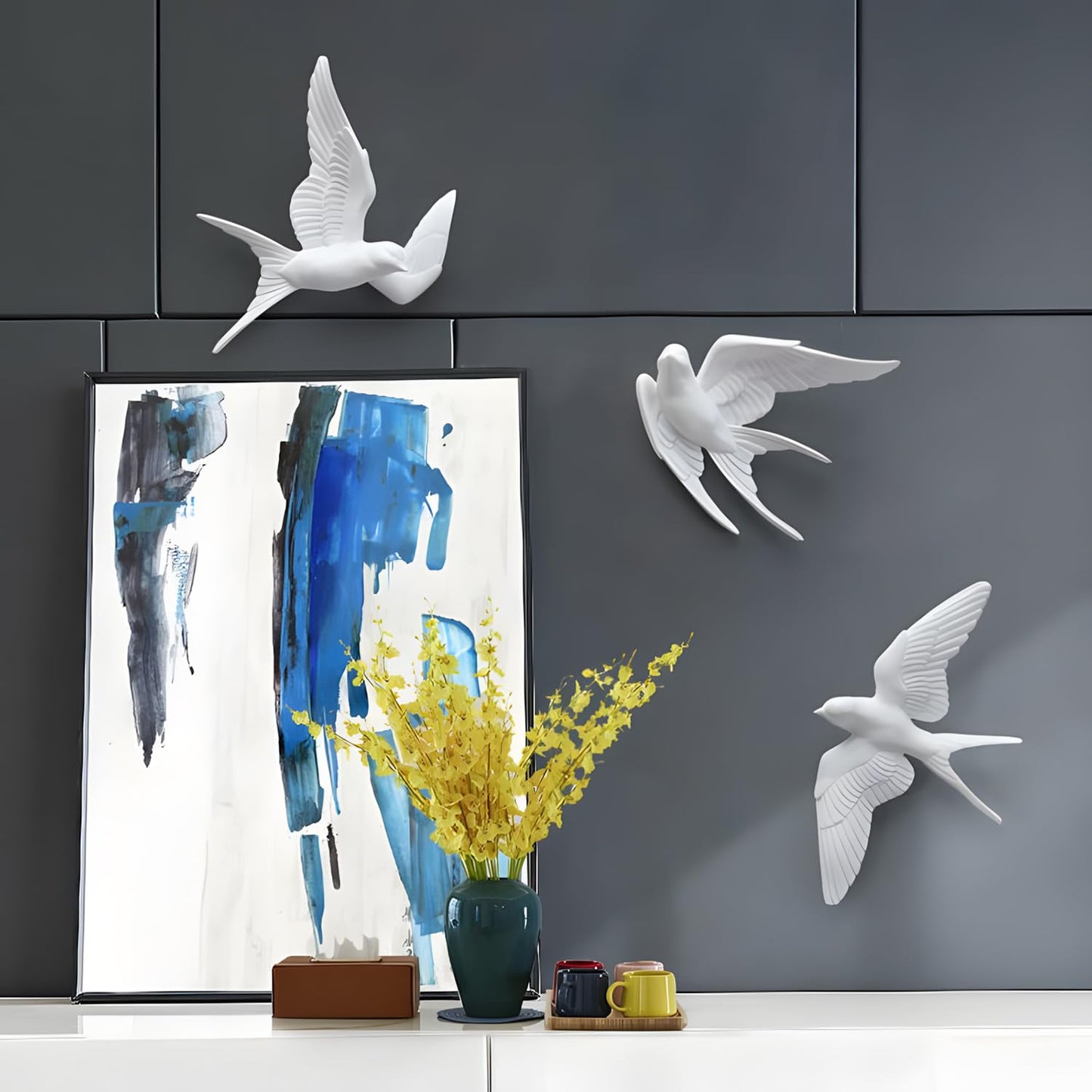 3 Pcs Swallows Bird Wall Sculpture, 3D White Birds Sparrows Swallows Decor, Outdoor/Indoor Peace Peace Dove Bird Figurines for Home, Garden and Patio (White)