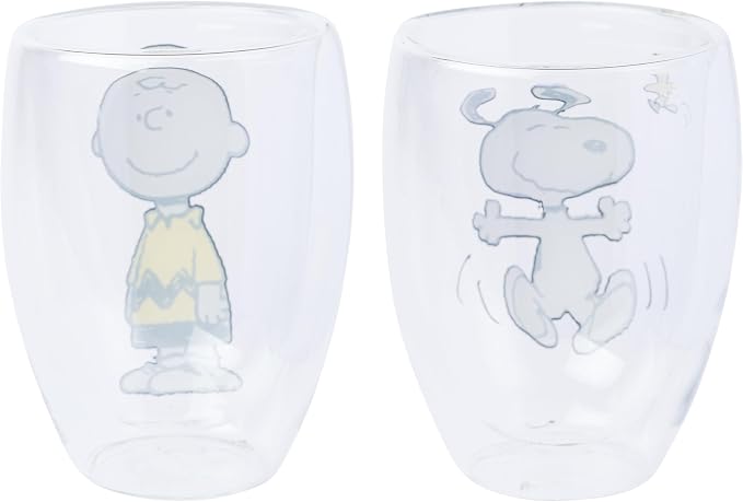 Silver Buffalo Peanuts 2 Piece Double Walled Glass Set Featuring Snoopy, Woodstock, and Charlie Brown, 12.5 Ounces