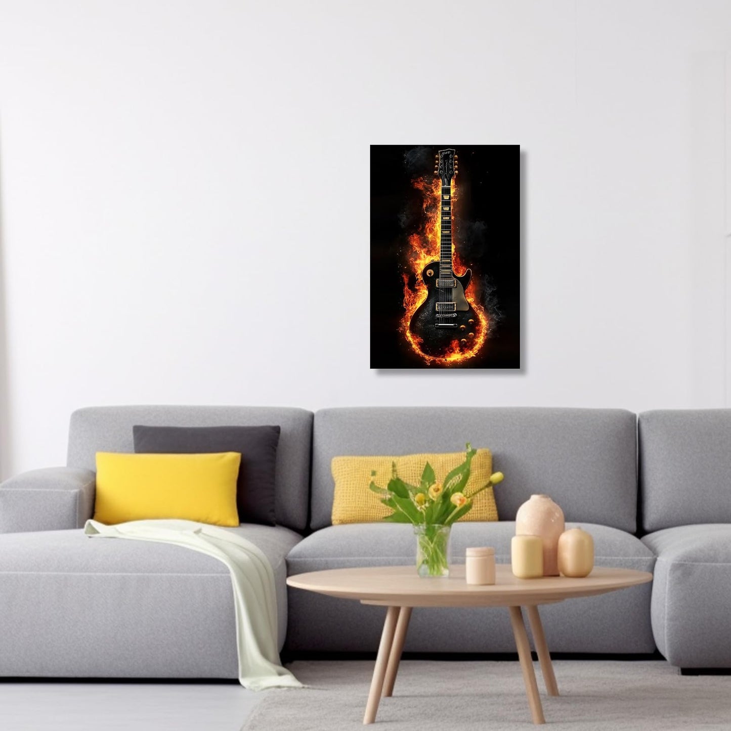 ZSHARTSWD Guitar Canvas Wall Art Fire Burning Electric Guitar Picture Abstract Musical Instrument Poster Print Jazz Music Painting for Bedroom Bar Decor Framed (Black, 18L x 12W)