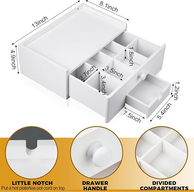 Cinnvoice Tea Bag Organizer Wood Tea Organizer Storage Box 8 Compartments Container Holder with Lid to Storage and Keep Fresh(White)