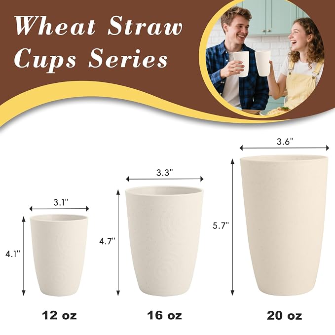 SINOGE Drinking Glasses Wheat Straw Cups 20 OZ PlasticTumbler Large Capacity Cups | Set of 6 | Reusable Plastic Tumbler Dishwasher Safe Water Glasses Drinking Cups for Kitchen - Beige