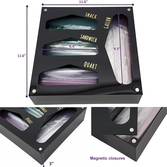 OnDisplay Luxe Acrylic Kitchen Drawer Zip Food Storage Bag Organizer - Food Baggie Holder for Snack/Sandwich/Quart/Gallon Sizes - Compatible with Ziploc, Hefty & Glad (Black)