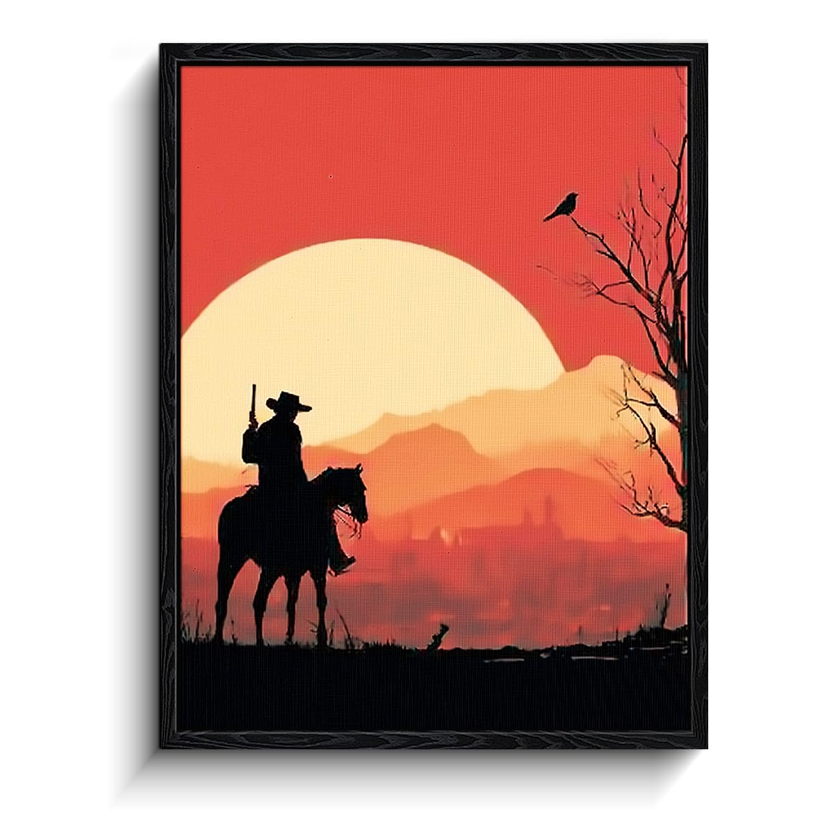 WOXZQ Western Cowboy and Frontier Town Sunset Canvas Print – 12x15 Inch Silhouette Wall Art – Wild West Poster for Gaming Room Bedroom Man Cave Decor