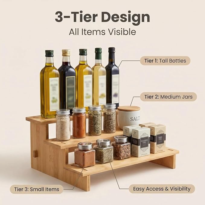 JinDoWin 3 Tiered Spice Rack Organizer for Cabinet,Spice Organization for Cabinet, Seasoning Organizer,Spice Shelf and Spice Organizer for Cabinet,Pantry Organizers and Storage (2 Pack, Medium)