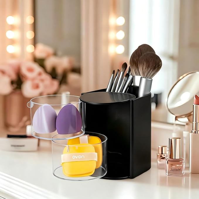 Luscinia Hair Accessories Organizer with Hair Brush Holder, Rotatable Makeup Brush and Jewelry Storage Box for Hair Clips, Earrings, Necklaces, Bracelets, Rings, and Daily Accessories (Black, 2-Layer)