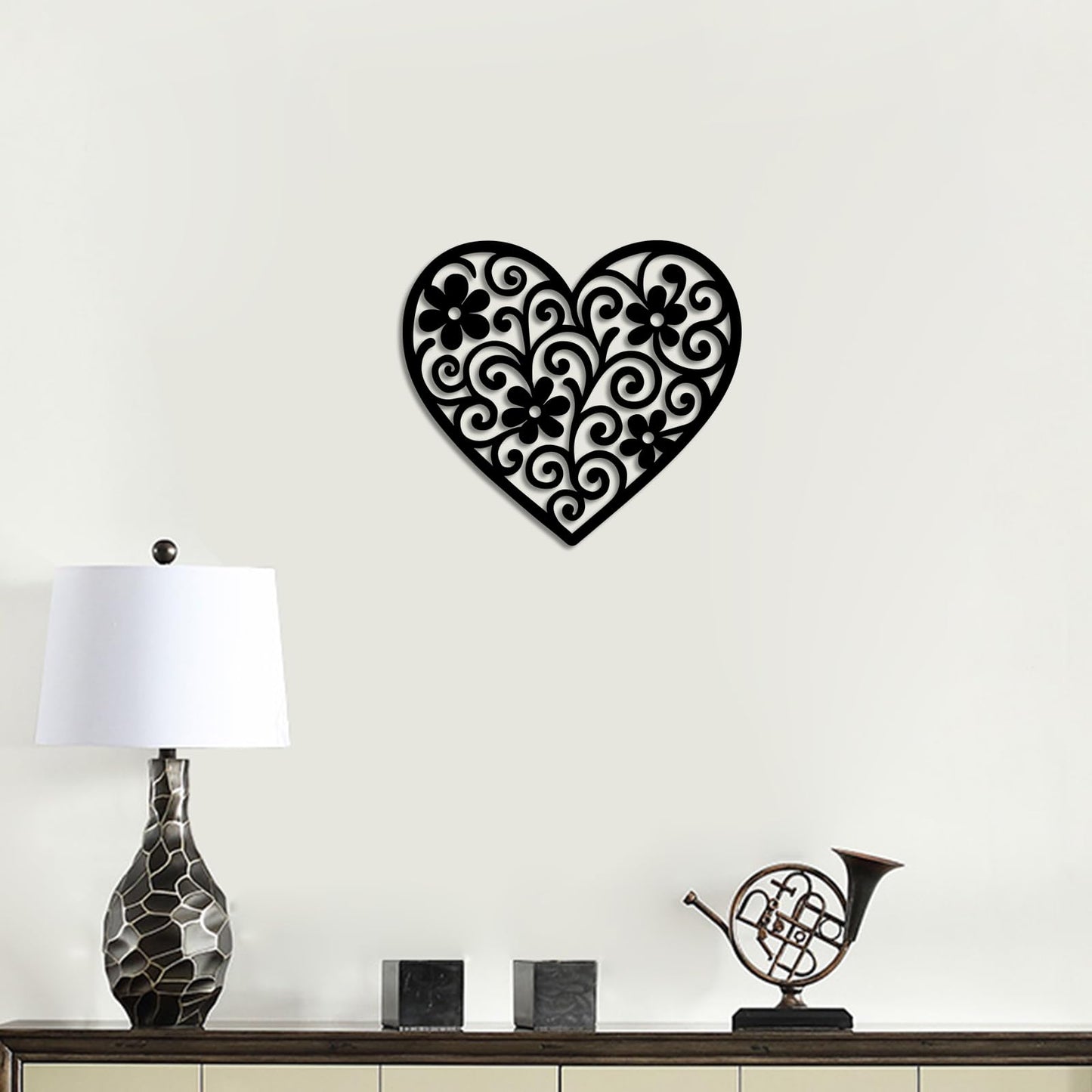 Vineland Black Metal Heart Wall Art, 11.8 Inch Modern Minimalist Sculpture, Floral Pattern Design for Living Room Bedroom Bathroom, Matte Finish Boho Home Decor