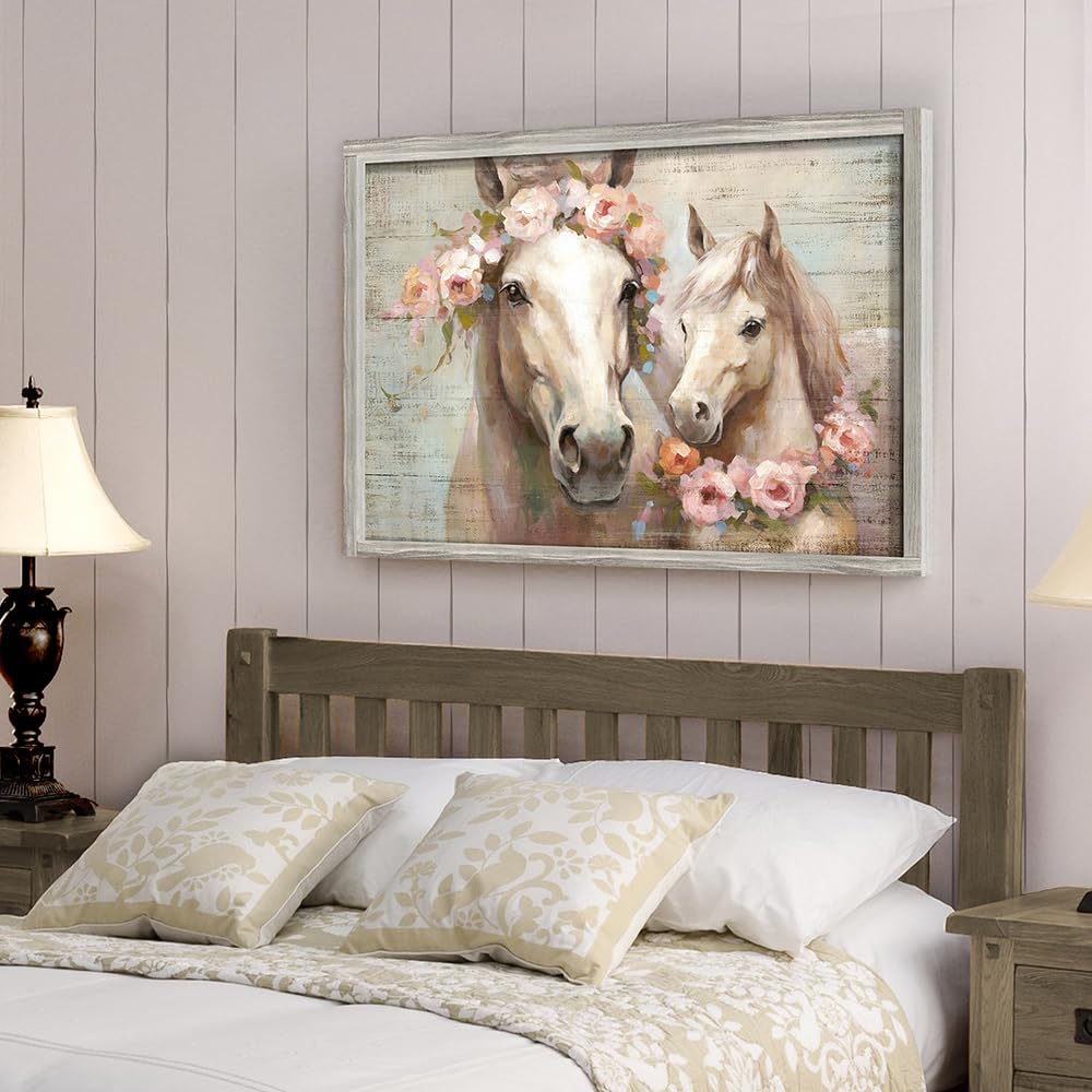 Rustic Horses Wall Art Decor: Western Farm Equine Wooden Picture Country Animals Ponies with Wreath on Head Painting Artwork for Living Room Bedroom 45" x 30"