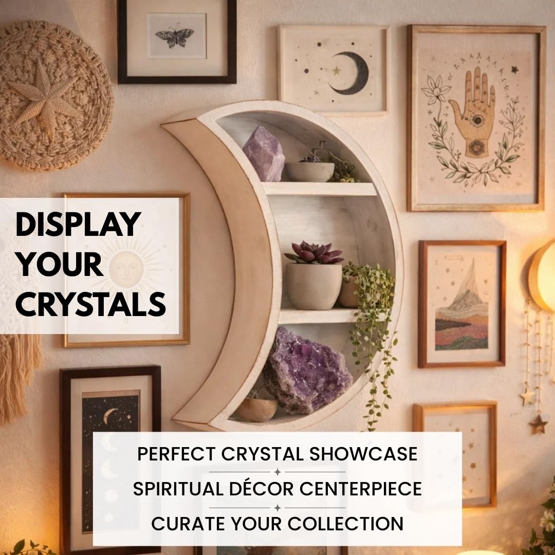 LABEND HOME Moon Shaped Shelf for Crystals - Crescent Moon Shelf Wall Mounted - Half Moon Shelf for Crystal Display, Stones, Trinkets - Reversible Boho Spiritual Décor for Bedroom - White Rustic Wood