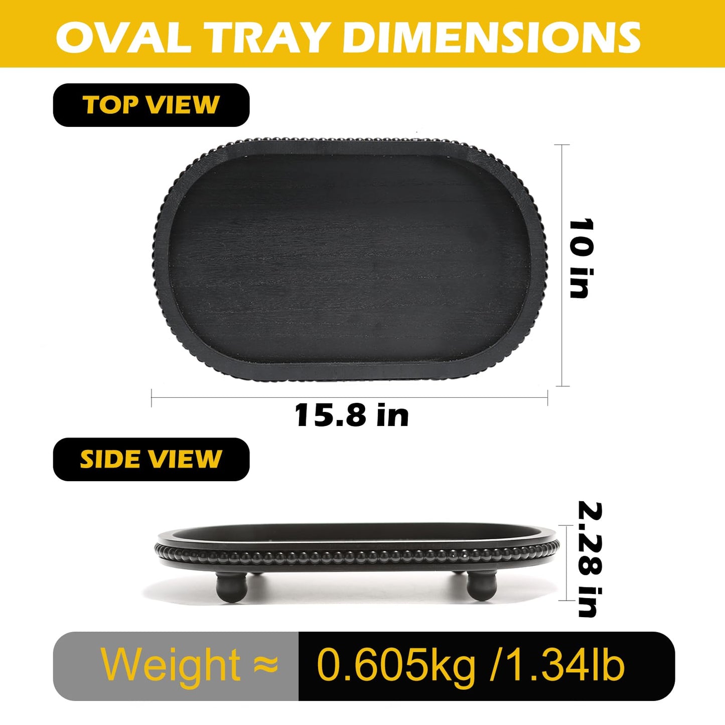 SYNCVIBE Wooden Decorative Tray for Home Decor, Beaded Black Oval Tray Decor for Coffee Table, Rustic Wood Serving Trays Farmhouse Centerpieces for Living Room Kitchen Counter (Black Oval)