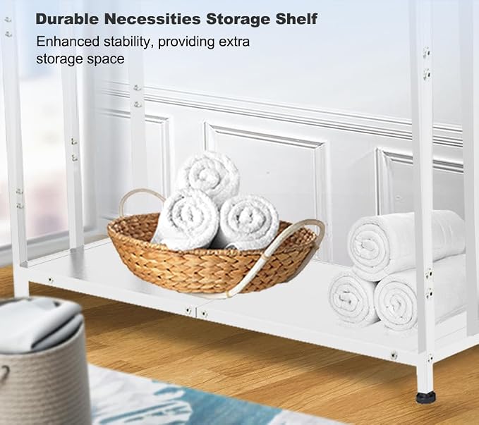 Extra Large Free Standing Towel Rack with Metal Storage Shelf & 6 Hooks for Bathroom, 3 Tiers Heavy Duty Blanket Drying Stand Holder for Outdoor Pool, Bedroom, Living Room, White