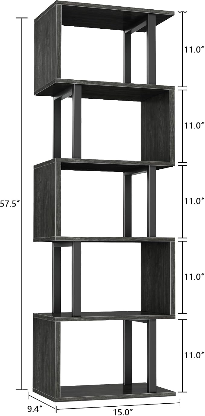 Furologee 6 Tier Bookshelf Tall Geometric Bookcase, S Shaped Industrial Display Standing Shelf, Metal and Wood Decorative Storage Room Divider Rack for Bedroom, Living Room, Office, Light Black Oak