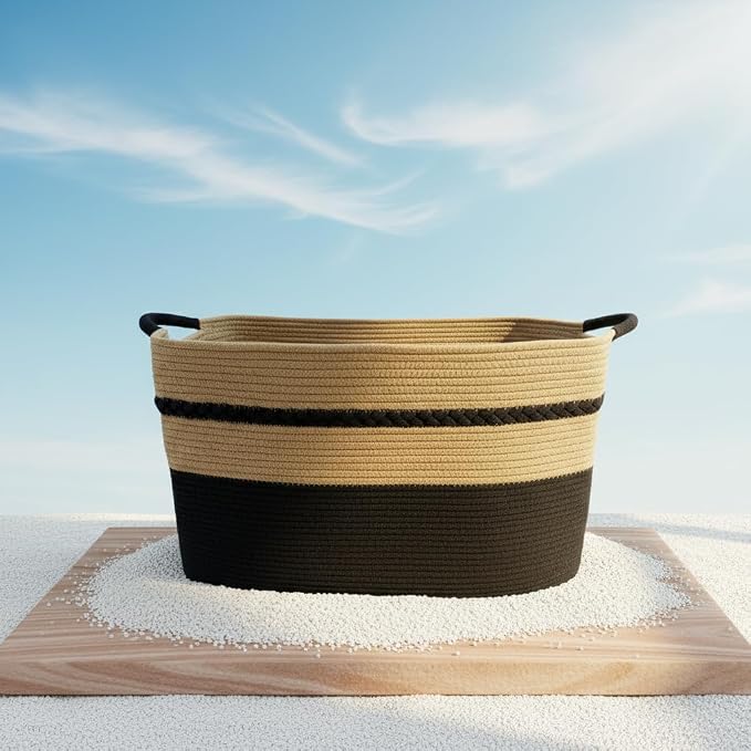 Extra large laundry basket woven from natural cotton rope with handles storage blankets for living rome big decorative quilted baskets for clothes toys pillows hamper 24"x16"x14" black