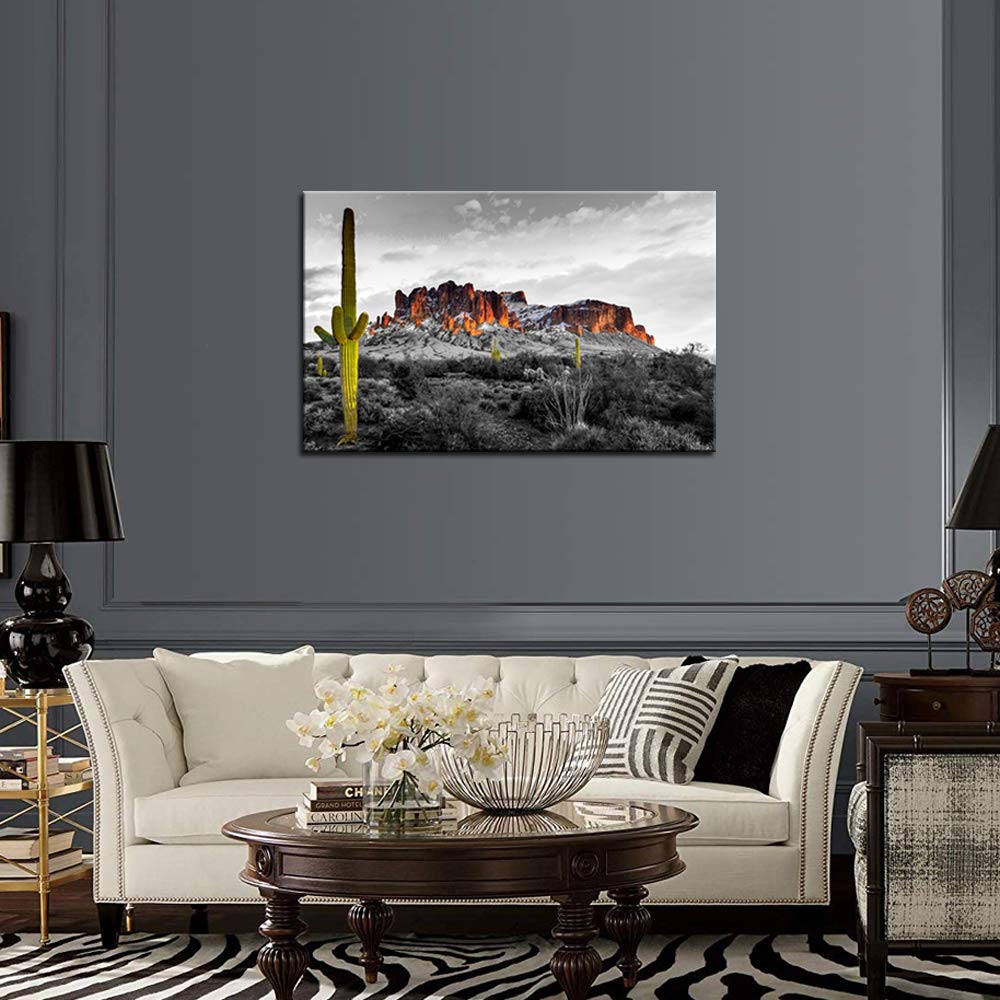 Biuteawal Superstition Mountains Sunset Wall Art Arizona Western Desert Cactus Landscape Paintings Canvas Art Print Nature Pictures for Home Wall Decoration Ready to Hang